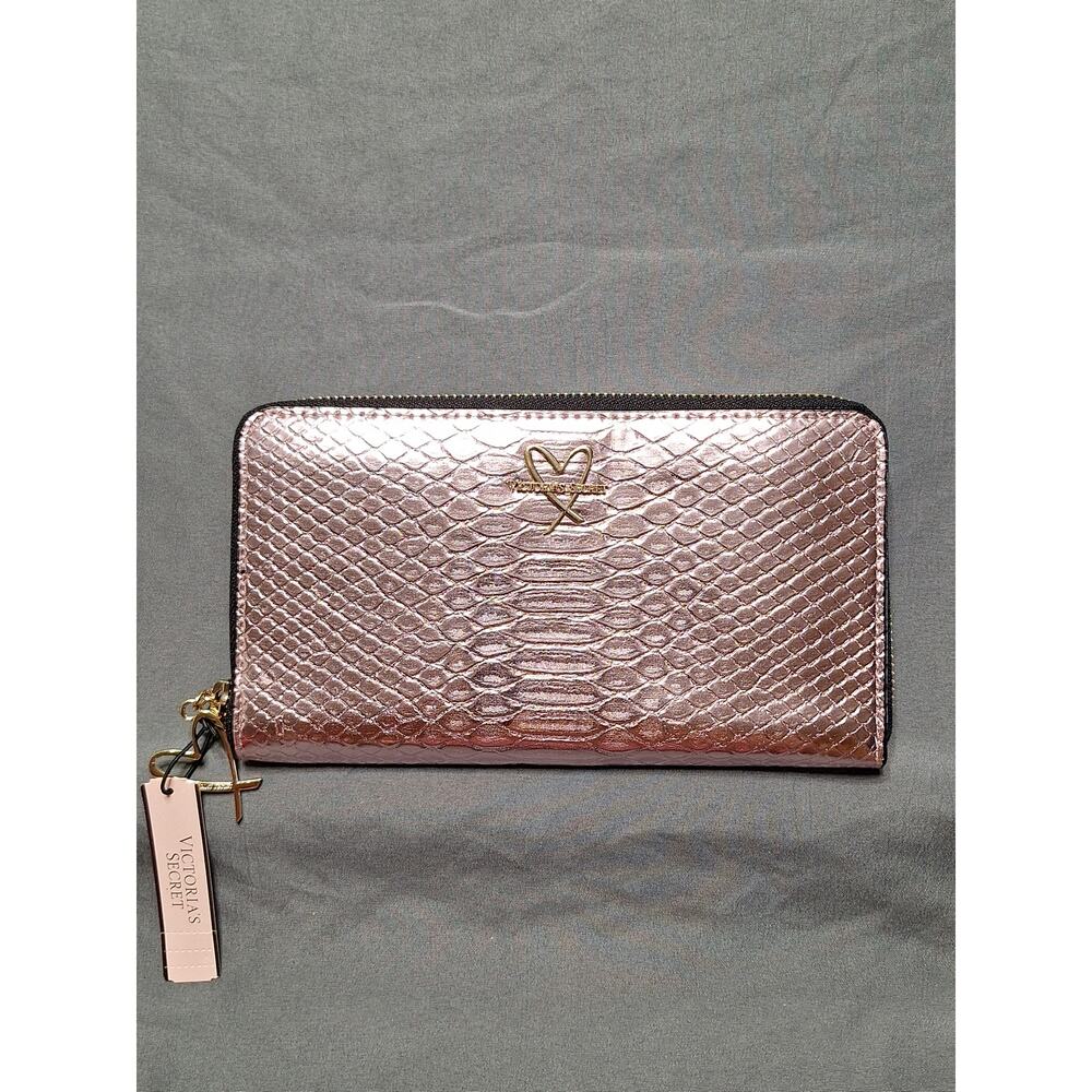 Victoria's Secret Metallic Snake-Embossed Zip-Around Wallet Pink